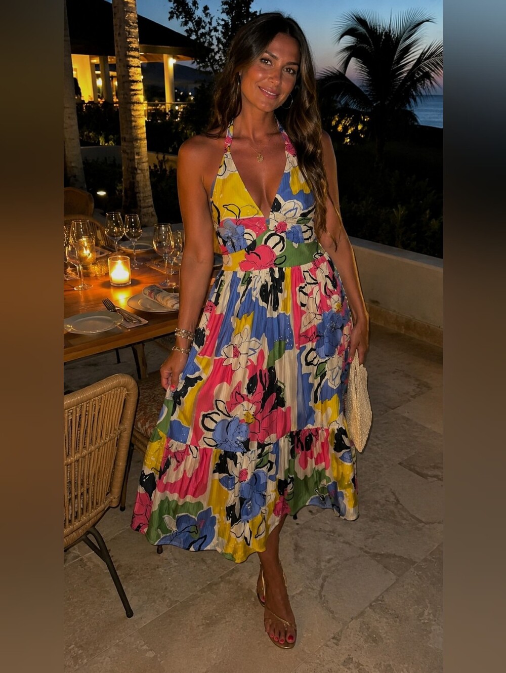 Ophelia Roe Halter Open Back multiColor Tiered Vacation FloralFlowy Midi Dress M